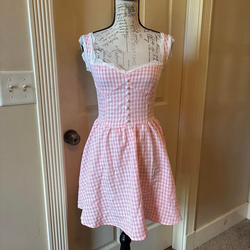 The Prettiest Pink & White Gingham Mini Dress w/White Button & Lace Details